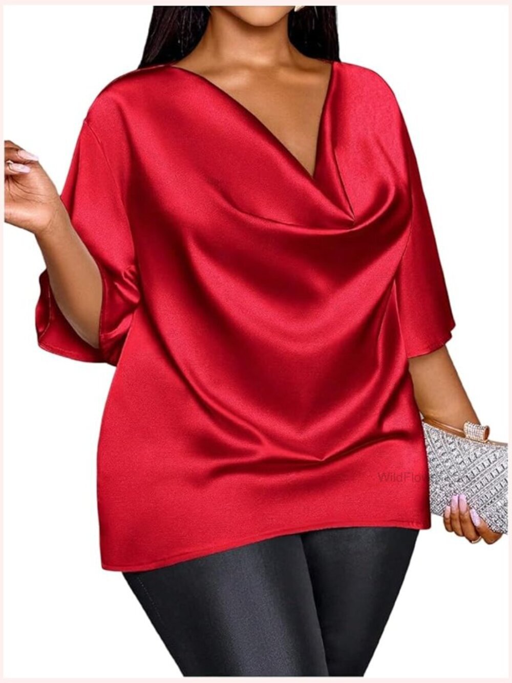Plus Size Cowl Neck Satin Blouse Half Sleeve Dressy Casual Top